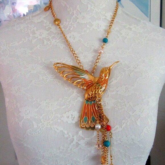 Gold tone enamel, bead & rhinestone hummingbird pendant signed MW - 7" length! - Picture 6 of 12
